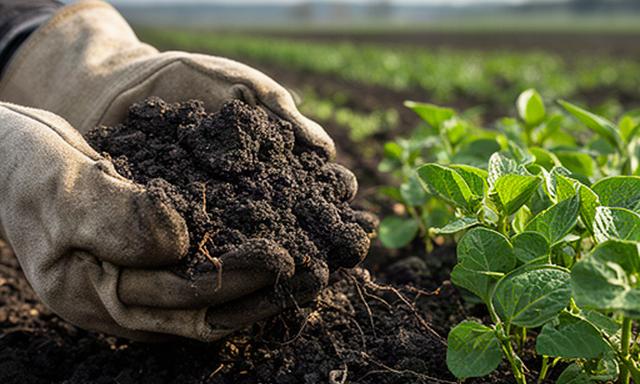 Hand met donkere kruimelige landbouwgrond naast jonge planten na de winter