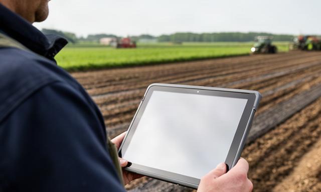 Landbouwer bekijkt registratiegegevens op een tablet naast een bemest perceel