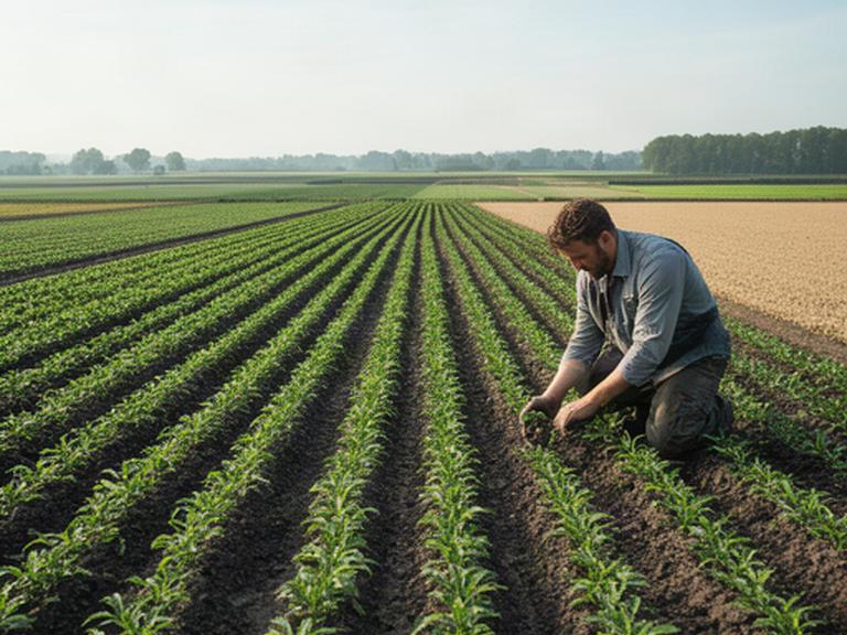 Akker in Tilburg met jonge gewassen, ploegsporen en een agrariër die de bodem controleert