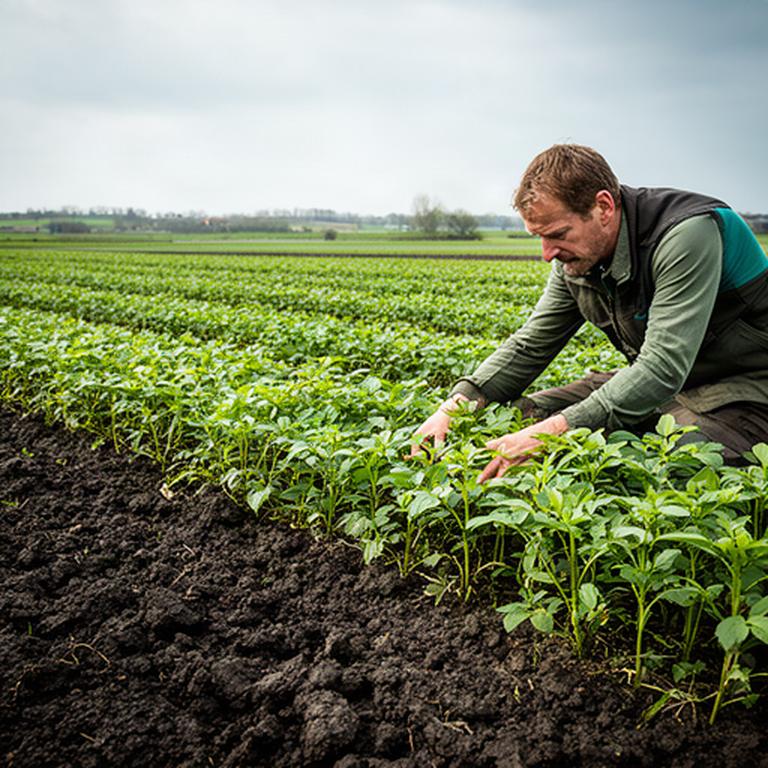 Landbouwveld bij Tilburg met jonge gewassen, donkere kleigrond en een boer die de teelt controleert