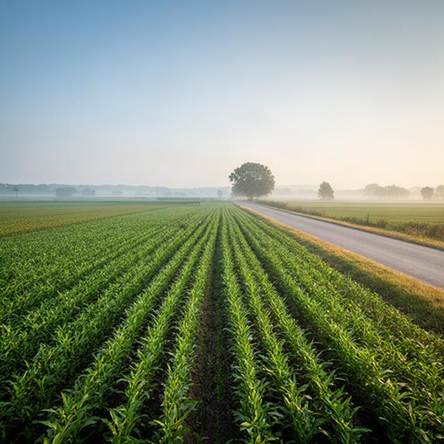 Akker met jonge gewassen naast een landweg in Noord-Brabant bij zacht ochtendlicht
